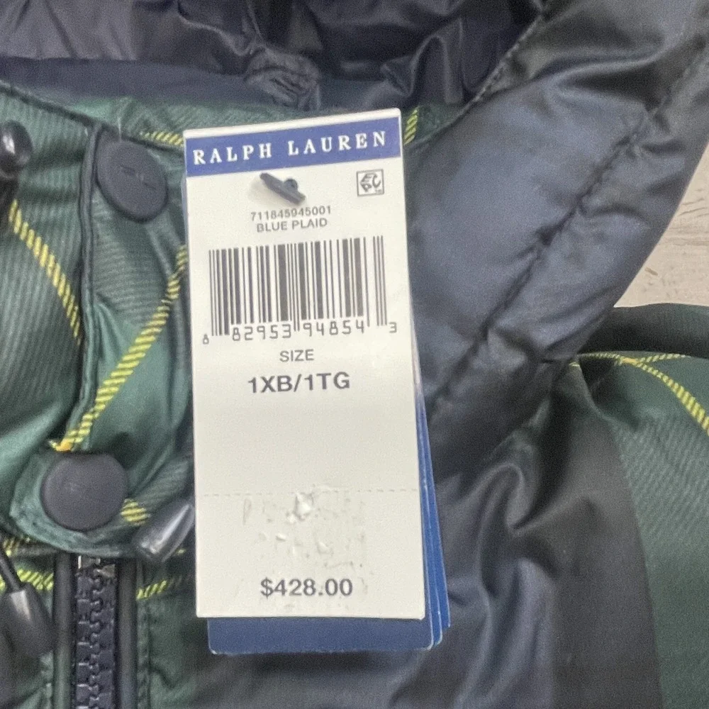 Polo Ralph Lauren Men's Big & Tall Plaid Hooded Down Puffer Jacket Navy 1XB NWT‎